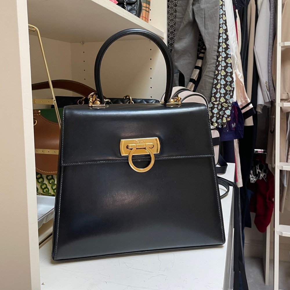 Icon top handle bag in Black box calfskin